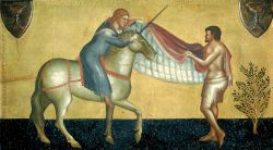 Lorenzo di Bicci (kolem 1350&ndash;1427), svatý Martin se dělí o svůj plášť se žebrákem, Accademia, Florencie.