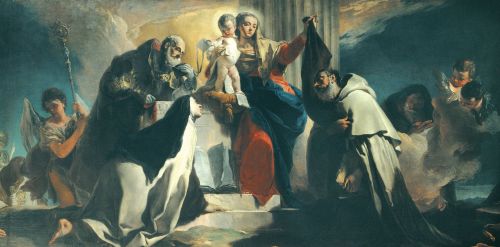 Giambattista Tiepolo (1696&ndash;1770), Panna Maria Karmelská se svatými Albertem Jeruzalémským, Terezií z Avily a Janem do Kříže. Všichni jsou považováni, ač různým právem, za zakladatele karmelitánů.