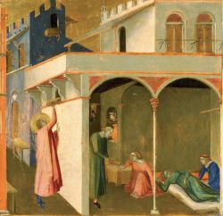 Ambrogio Lorenzetti (1285–1348), příběh svatého Mikuláše, sienská malba. Světec dává věno chudým dívkám, které chtěl otec vydat prostituci.